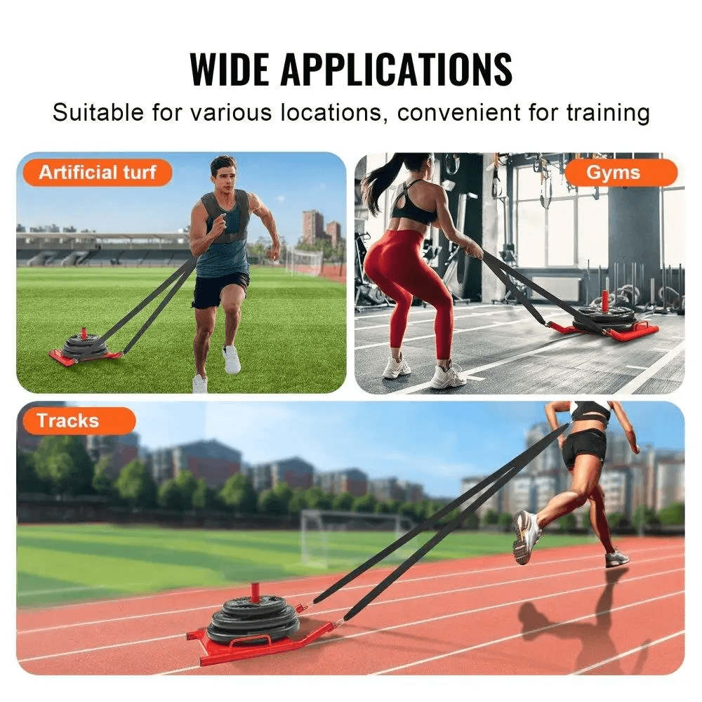 Athletes using red power sled for strength and speed training on artificial turf, gym, and tracks.